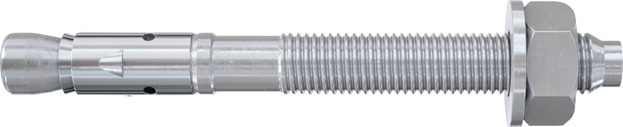 Ein Metallexpansionsdübelanker mit Gewindewelle, aufgeschlitzter Hülse und Sechskantmutter zum Befestigen in Beton oder Mauerwerk.