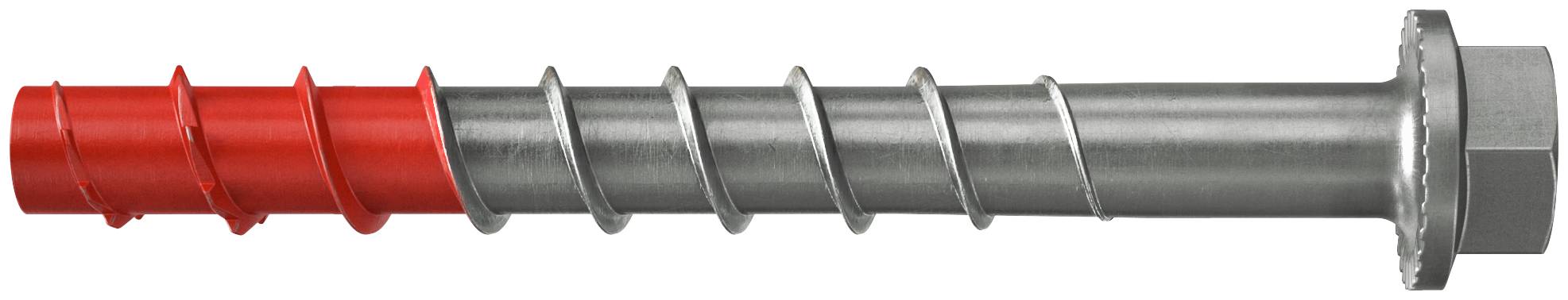 Ein rotes und silbernes Metallschneckenbohrer mit sechskantigem Schaft, horizontal auf weißem Hintergrund dargestellt.