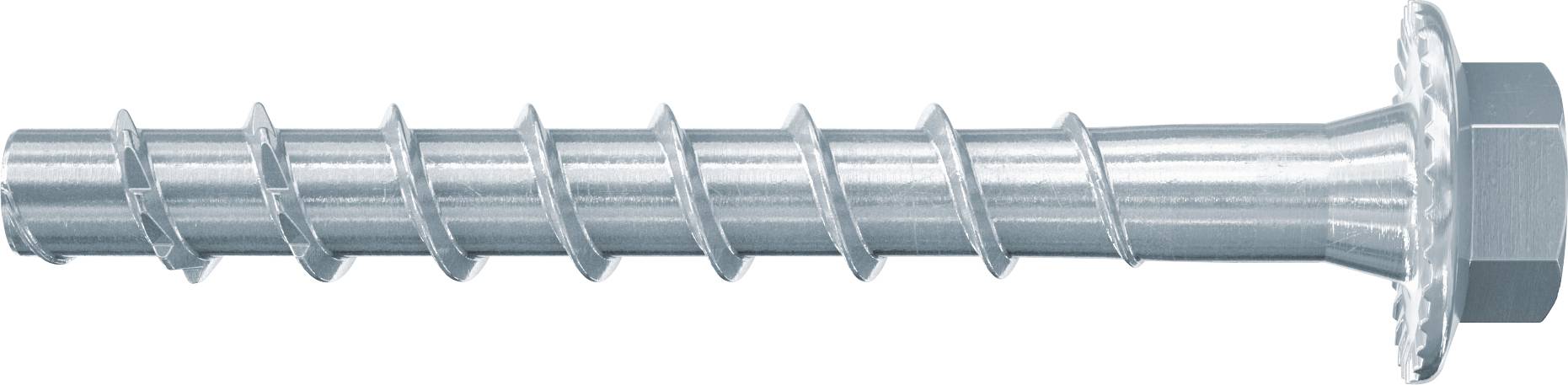 Metallschraube oder Ankerschraube mit Sechskopf und gewindeliertem Schaft, horizontal auf weißem Hintergrund dargestellt.