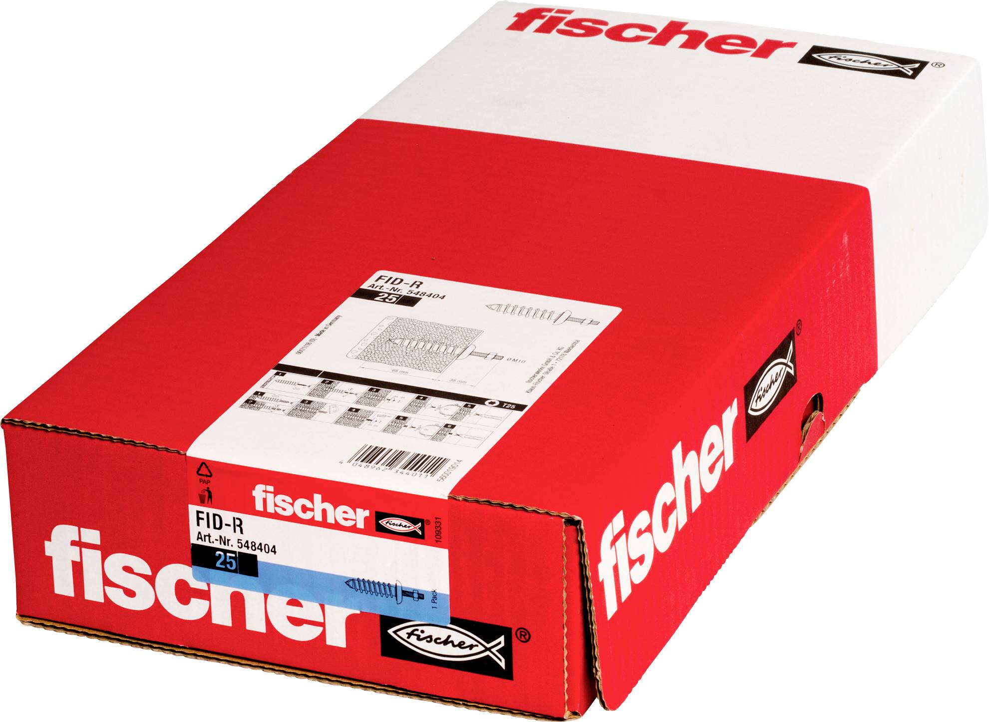 Rote und weiße Fischer FID-R Schachtel mit Wanddübeln, geschlossen vor weißem Hintergrund abgebildet.