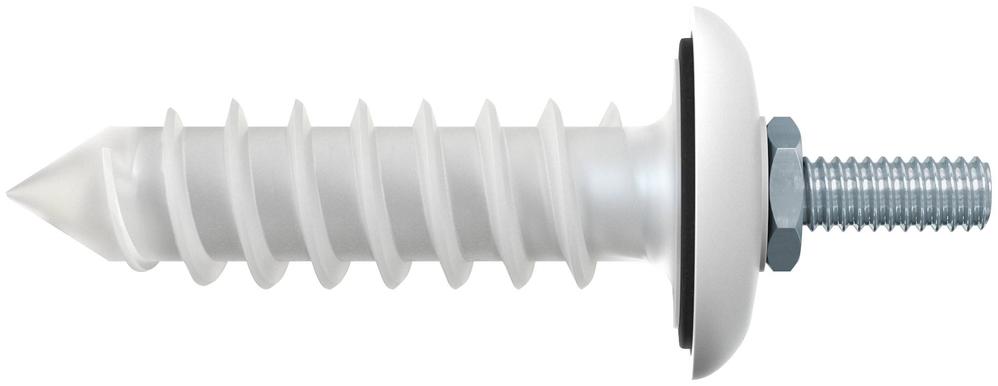 Weiße Selbstbohrschraube mit spitzer Spitze, Gewellteschaft, Unterlegscheibe und Sechskantcopf, auf neutralem Hintergrund dargestellt.