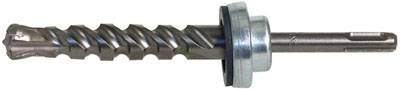 Ein Bohrhammeraufsatz mit Spiralmuster und Metallring, verwendet zum Bohren in harte Materialien.