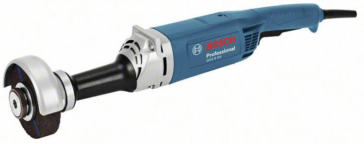 Elektrischer Winkelschleifer mit blauem Gehäuse. Aufschrift 'BOSCH Professional' auf der Seite. Geeignet für Schleifarbeiten.