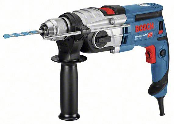 Bohrmaschine mit blau-rotem Design, Drehgriff und Metallbohrer.