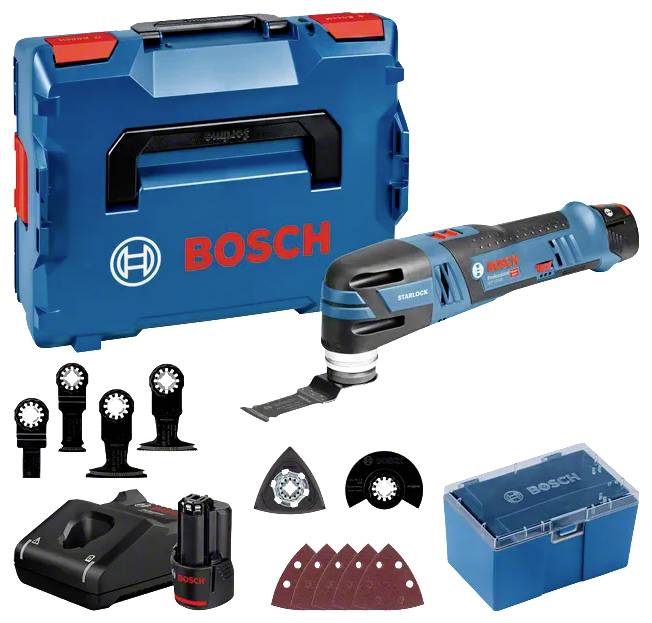 BOSCH Akku-Multifunktionswerkzeug-Set mit Akku, Ladegerät, Transportkoffer und verschiedenen Zubehöranbauteilen im Lieferumfang enthalten.