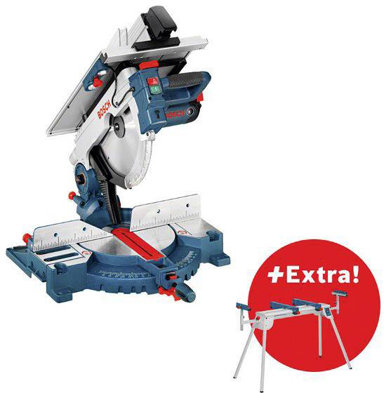 Eine Bosch Kapp- und Gehrungssäge mit Ständer. Text im roten Kreis: '+Extra!', was auf ein zusätzliches Angebot hinweist.