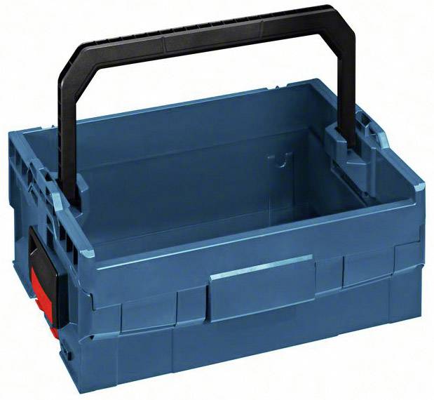Blaue Kunststoff-Transportbox mit schwarzem Griff, offen und leer. Ideal für Werkzeugaufbewahrung oder einfachen Transport kleiner Gegenstände.