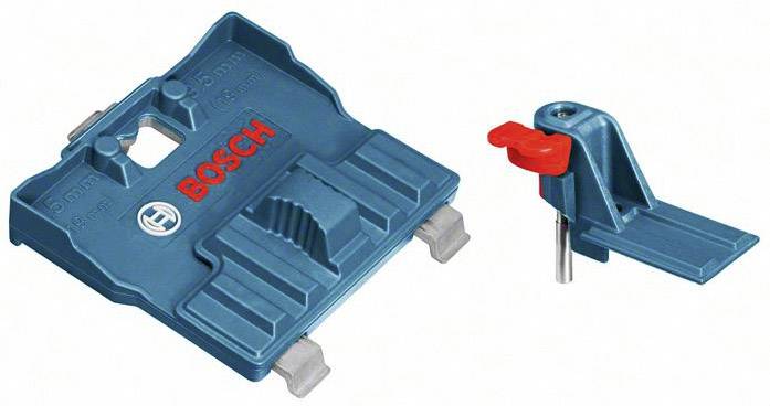 Ein blaues Bosch-Bohrschablonen-Set mit roten Akzenten. Links eine rechteckige Führungsschablone, rechts eine Halterungsbefestigung.