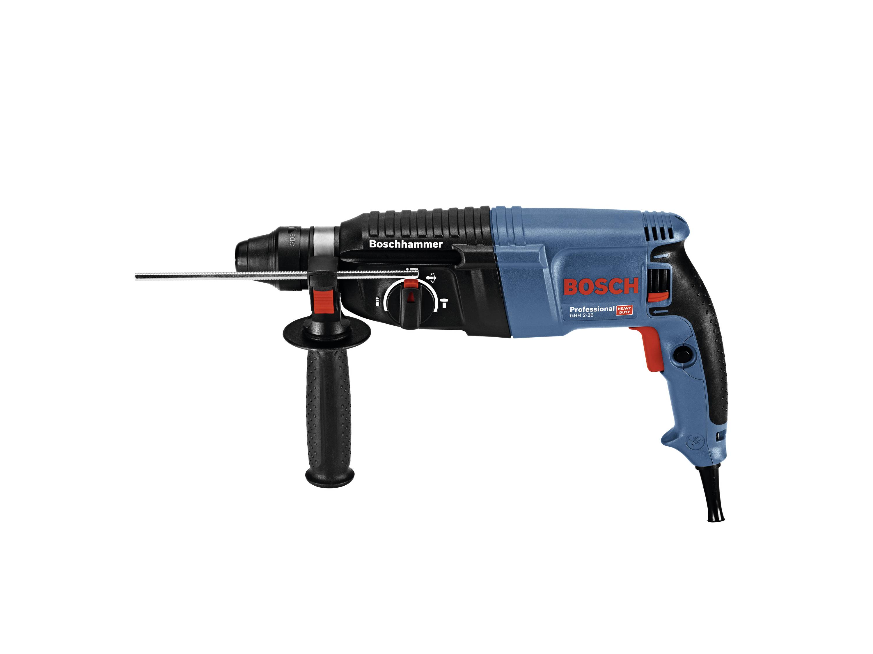 Eine blaue und schwarze Bosch Bohrmaschine mit schwarzem Griff und rotem Auslöser, geeignet für professionelle Verwendung.