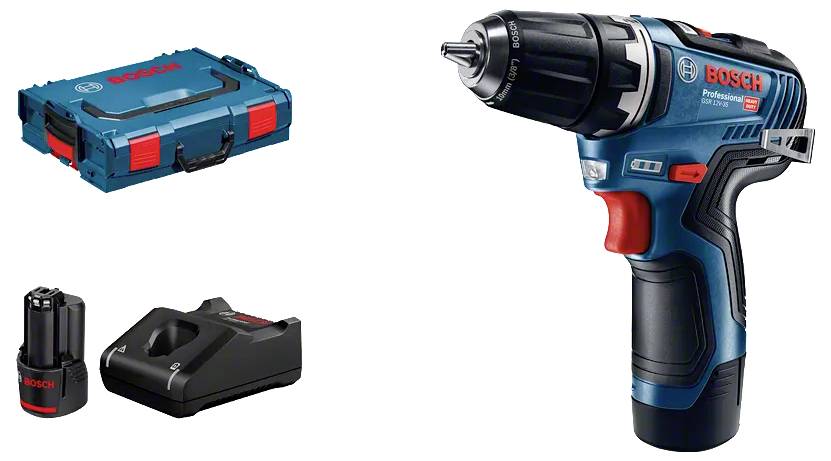 Eine Akku-Bohrmaschine mit Akku und Ladegerät daneben. Die Bohrmaschine ist blau und mit dem Etikett 