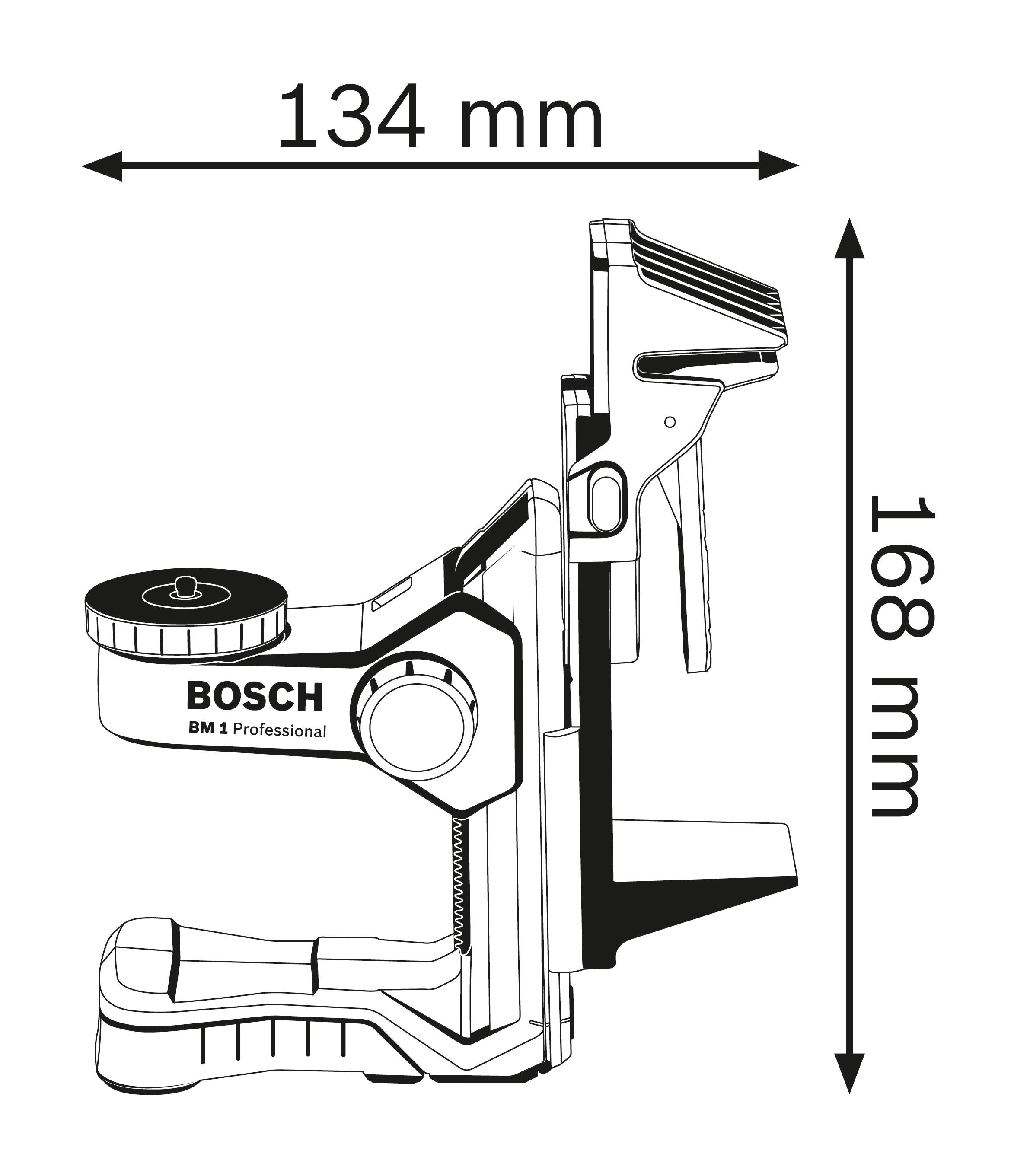 Technische Abbildung einer Bosch BM 1 Professional Halterung, Maße: 134 mm Breite, 168 mm Höhe.