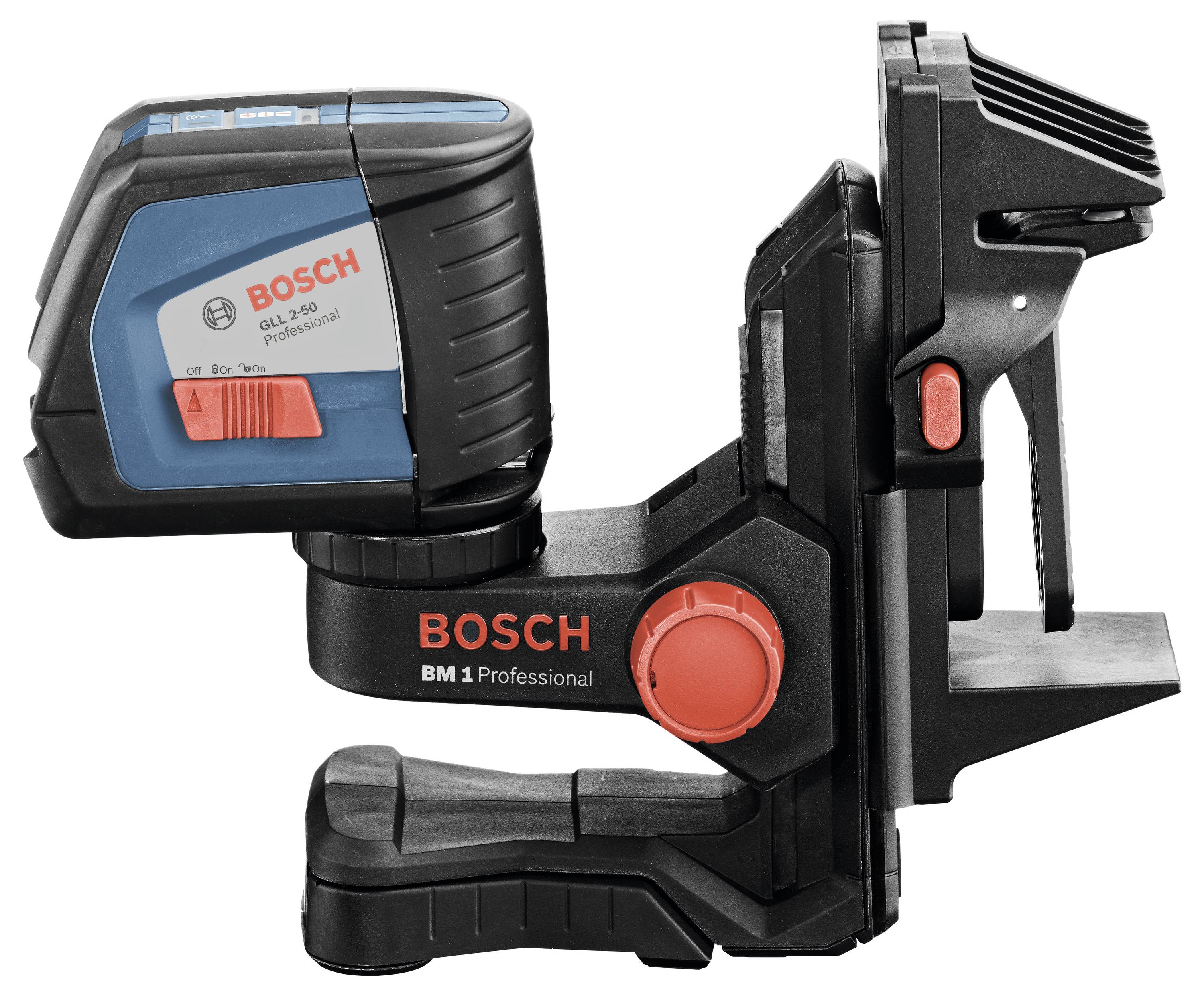 Ein Bosch Kreuzlinienlaser mit einer Halterung, geeignet für genaue Nivellierarbeiten.