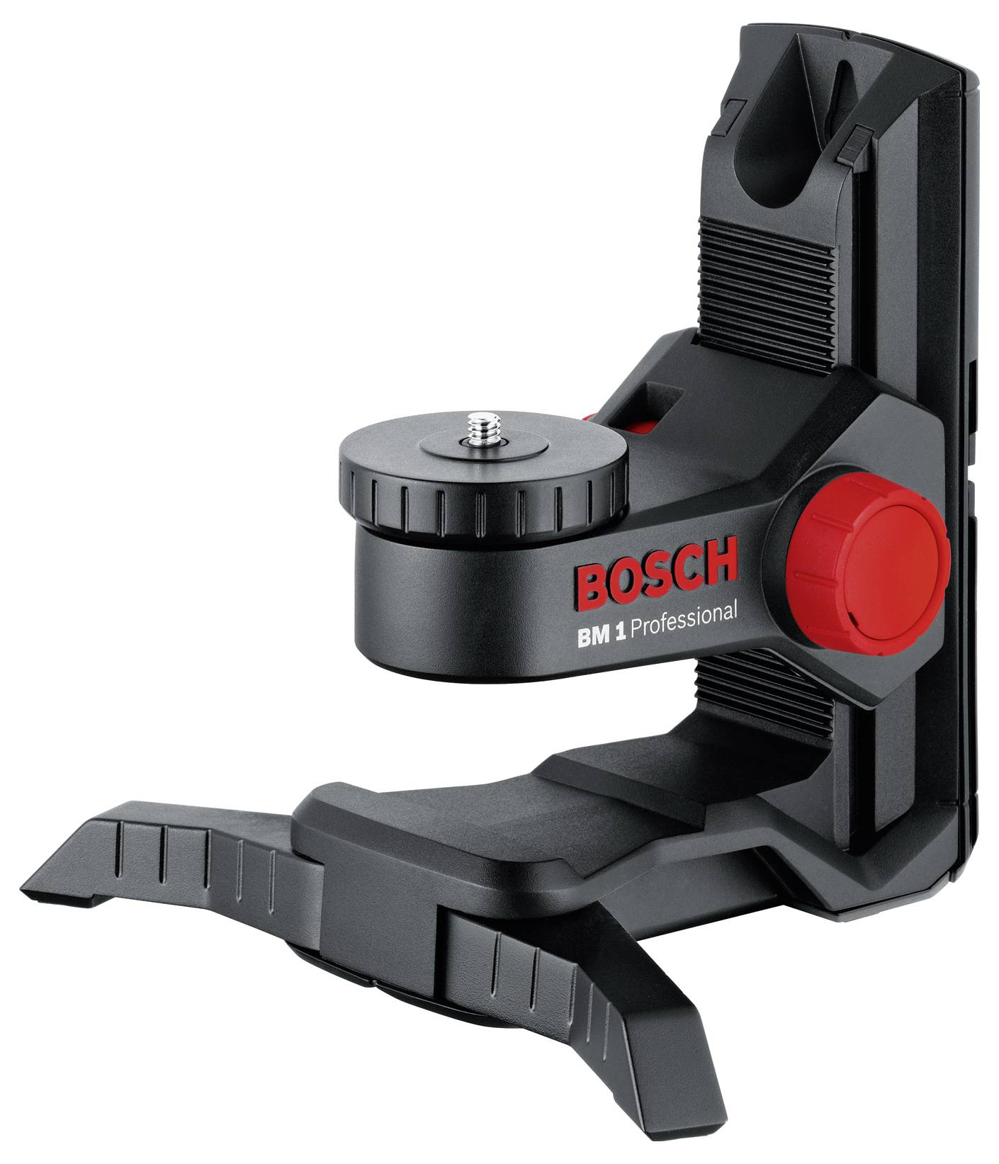 Schwarze Bosch BM 1 Professional Wandhalterung mit einstellbarem Mechanismus und rotem Bosch-Logo, geeignet für Bauprojekte.