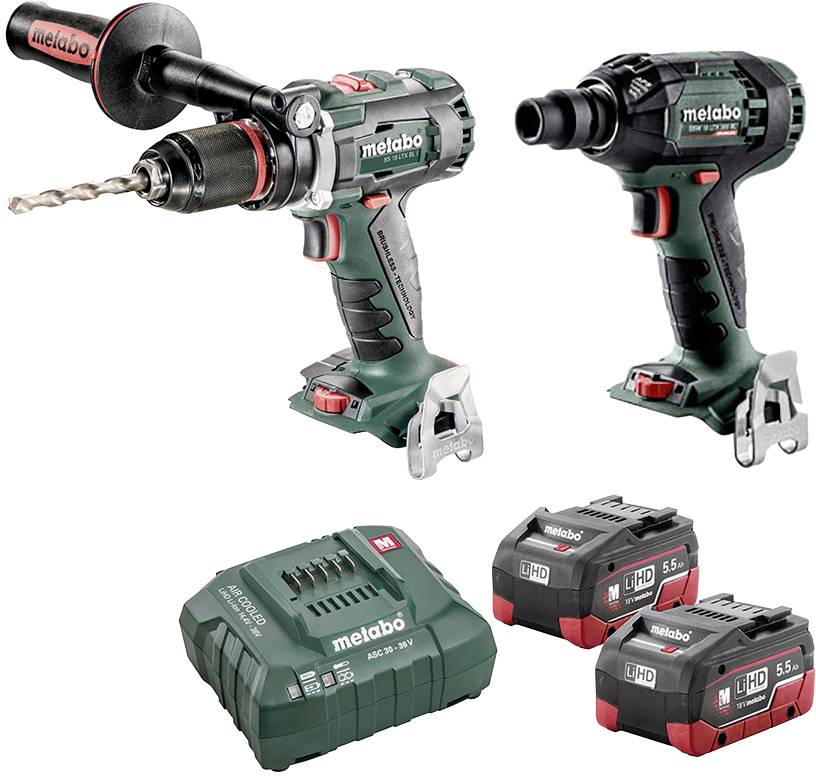 'Metabo' Akku-Bohrschrauber-Set mit zwei Bohrern, zwei Akkus und einem Ladegerät, geeignet für professionelle Bauarbeiten.