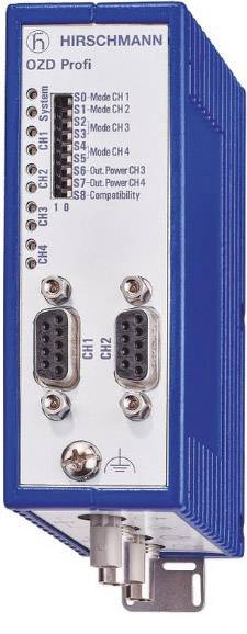 Elektronisches Gerät mit blauer Hülle, Modell 'HIRSCHMANN OZD Profi', zeigt Anschlüsse, Schalter und Beschriftungen für verschiedene Kanäle.