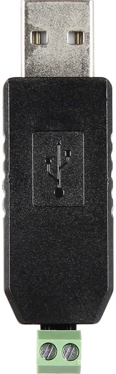 'USB-zu-Seriell-Adapter' mit USB-Stecker und grünem Anschluss auf der gegenüberliegenden Seite. Verbindet USB-Geräte mit seriellen Schnittstellen.