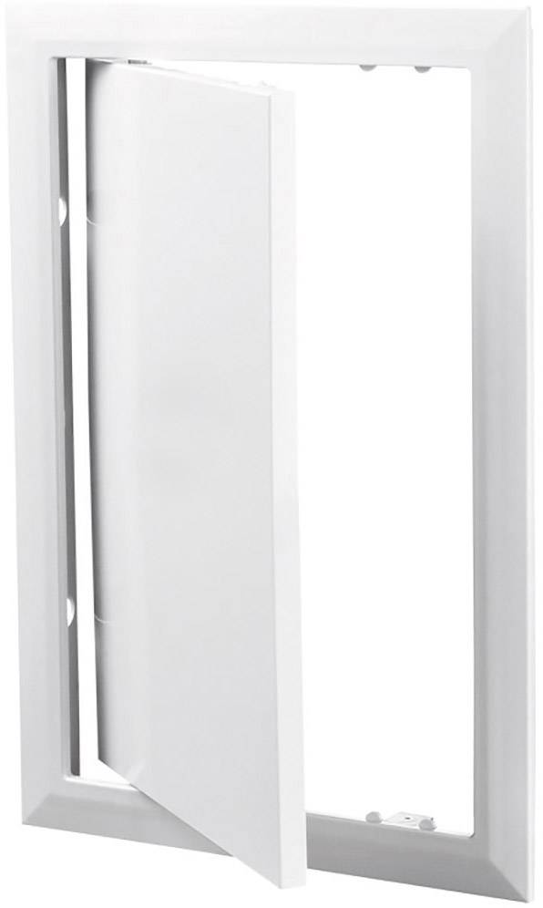 Weiße, eckige Wartungsklappe mit offenem Türchen, geeignet für Zugang zu versteckten Bereichen.