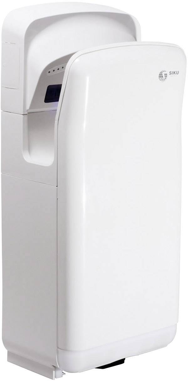 Ein moderner, weißer Händetrockner mit schlankem Design, geeignet für den Einsatz in öffentlichen Toiletten.