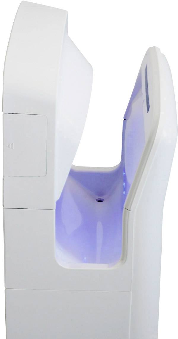 Ein weißer, vertikaler Händetrockner mit einem offenen Bereich, der durch blaue Beleuchtung erkennbar ist.