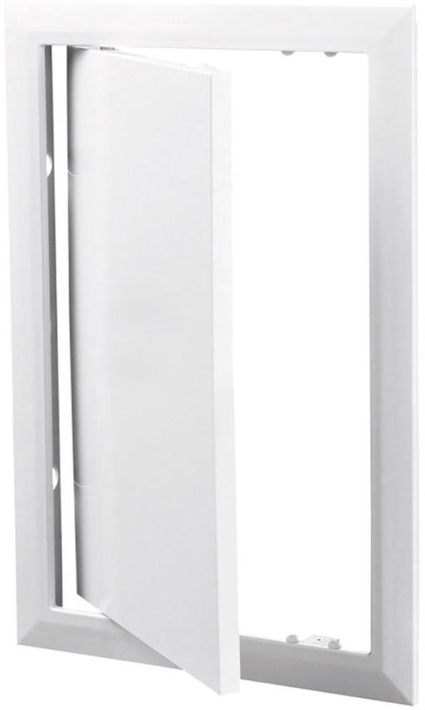 Eine weiße Inspektionsklappe ist teilweise geöffnet und zeigt ihren rechteckigen Rahmen und das Scharnier.