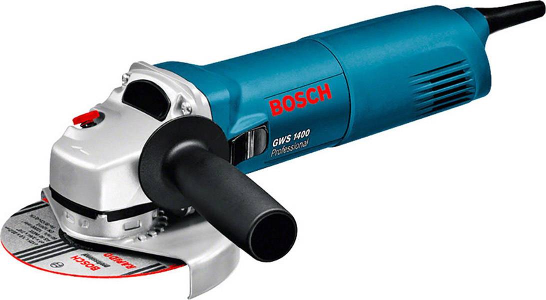 Eine blaue Bosch-Winkelschleifmaschine mit rotem Logo und schwarzem Griff, gezeigt in einer seitlichen Ansicht.