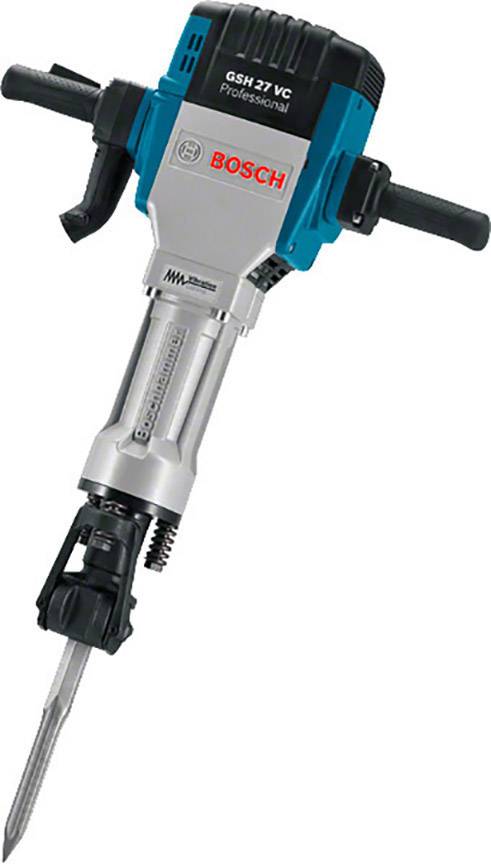 Ein Bosch-Abbruchhammer GSH 27 VC Professional, silberne Metallkonstruktion mit schwarzem und blauem Gehäuse, zwei schwarze Griffe.
