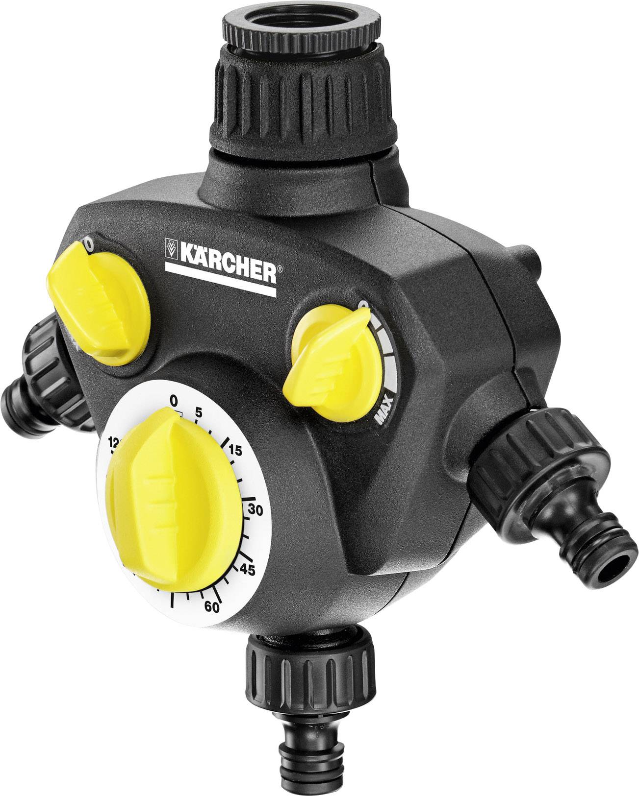 Ein schwarzes Bewässerungssteuergerät von Kärcher mit gelben Drehknöpfen zur Zeiteinstellung, drei Anschlussmöglichkeiten.
