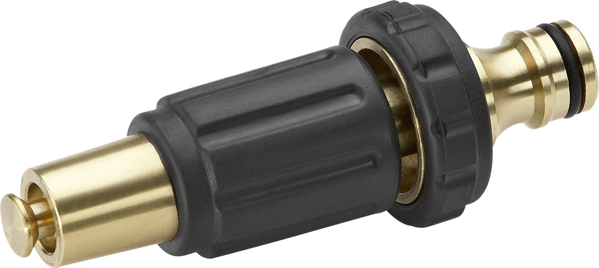 Ein schwarzer und goldener Wasserschlauchadapter mit gerippter Oberfläche und zwei O-Ringen.