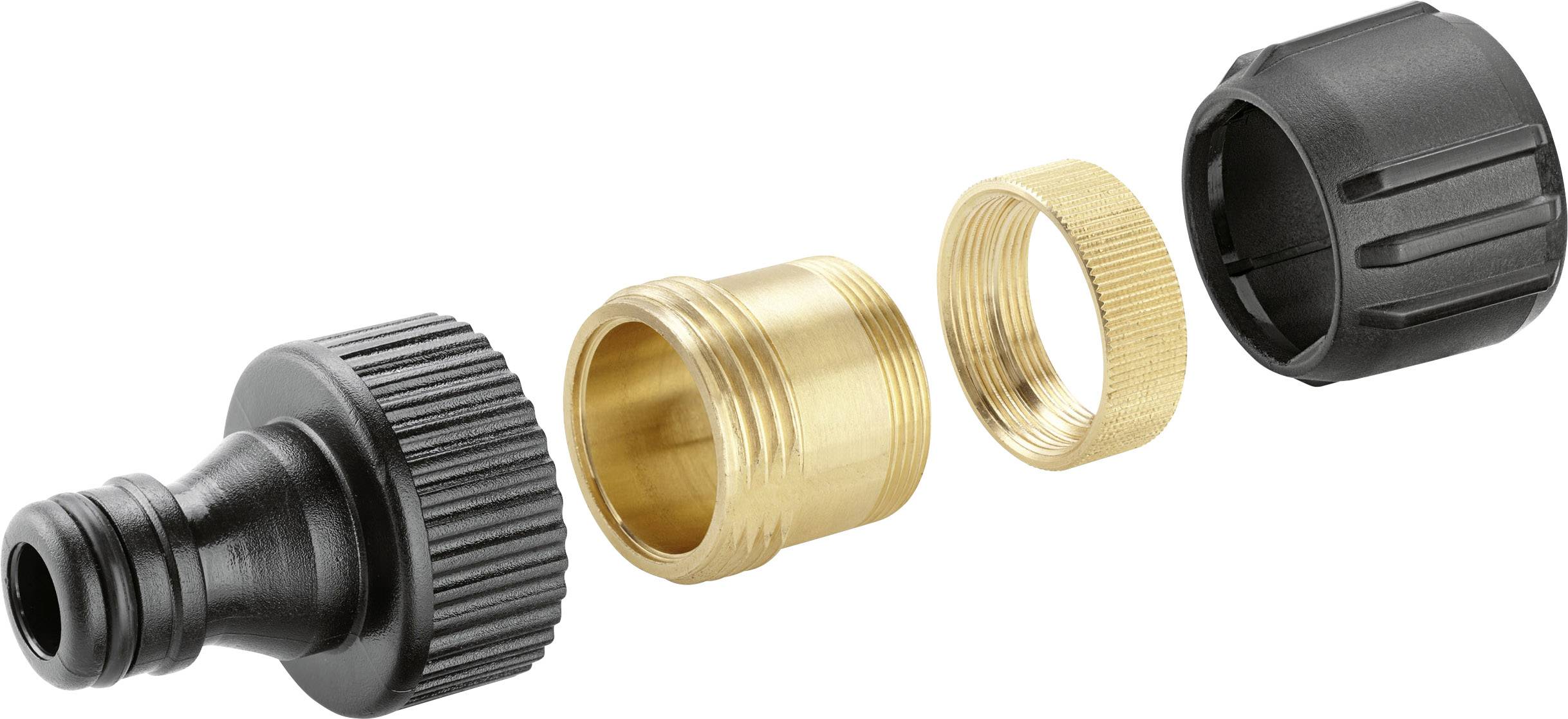 Schwarzer Schlauchanschluss-Adapter mit gelben Messinggewinden und schwarzer Verschraubung. Komponenten sind separat dargestellt.