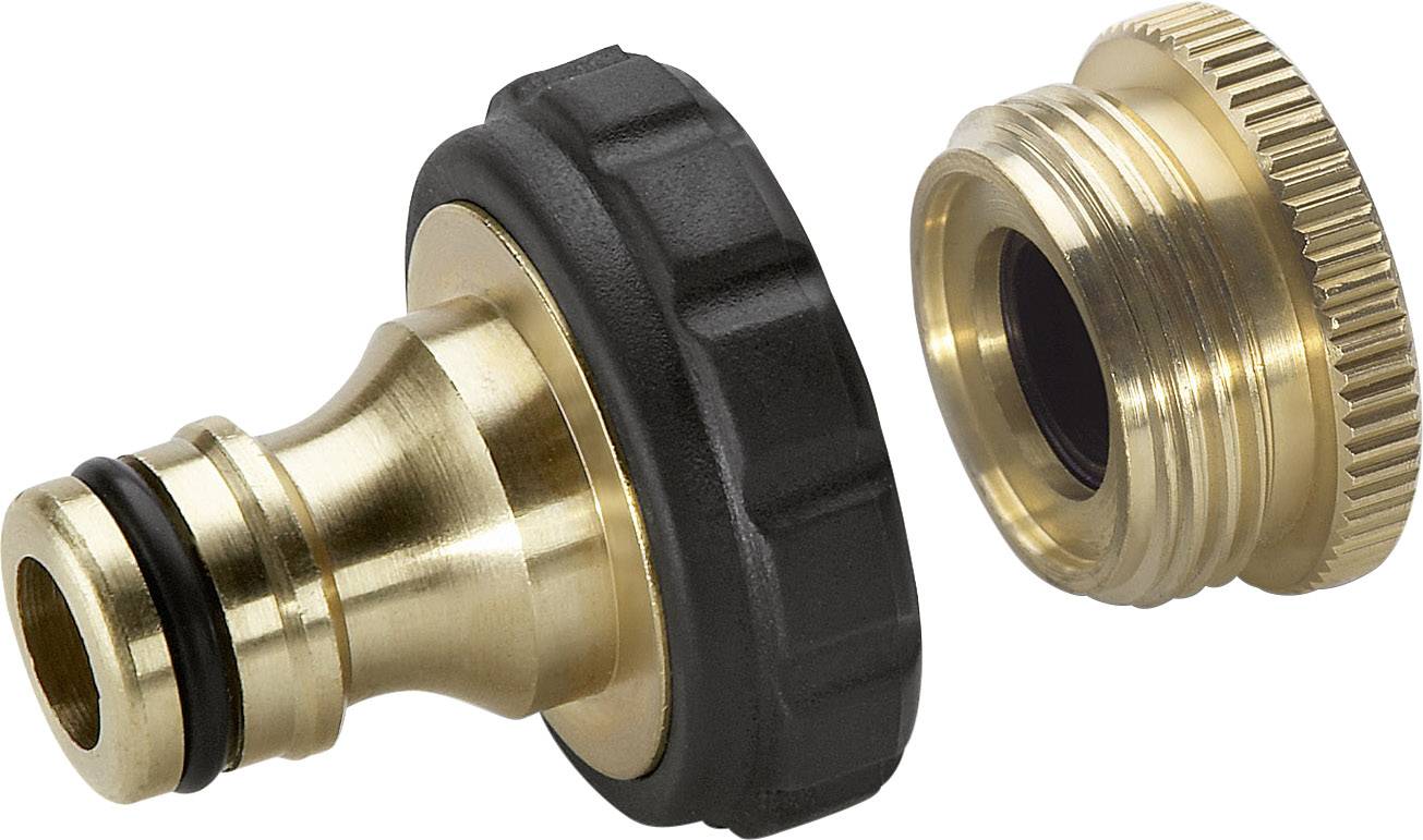 Zwei Steckverbinder aus Metall: Einer mit schwarzem Gummigriff und zwei Dichtungsringen, der andere mit gezacktem Griff, zur Verbindung von Schlauchsystemen.