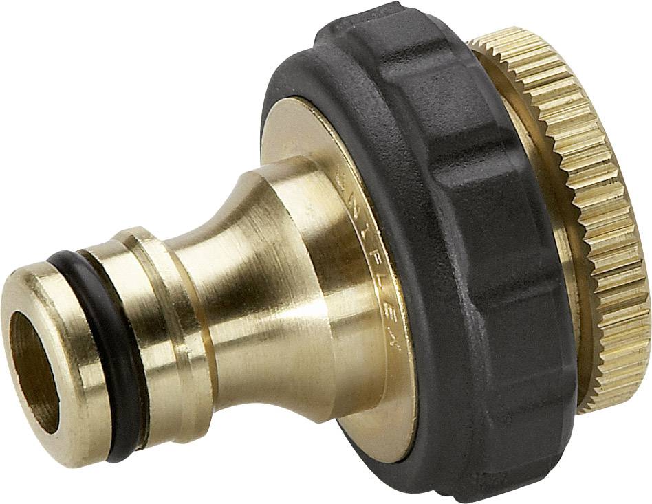 Messing-Gartenschlauchadapter mit schwarzem Kunststoffgriff; ermöglicht den Anschluss eines Schlauchs an einen Wasserhahn.