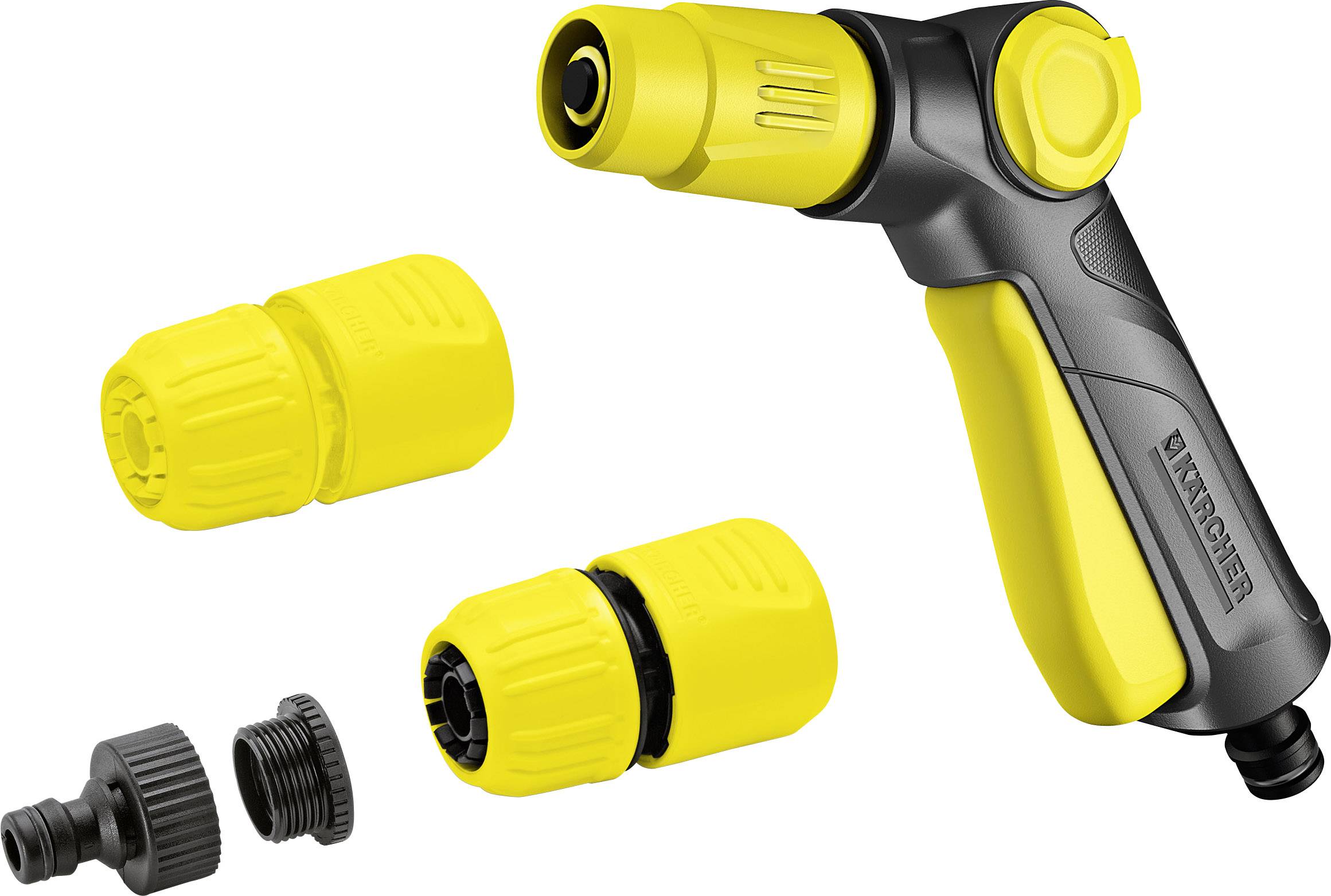 Drei gelbe Gartenschlauch-Anschlüsse und eine gelb-schwarze Spritzpistole mit ergonomischem Griff; alle sind von der Marke Kärcher.