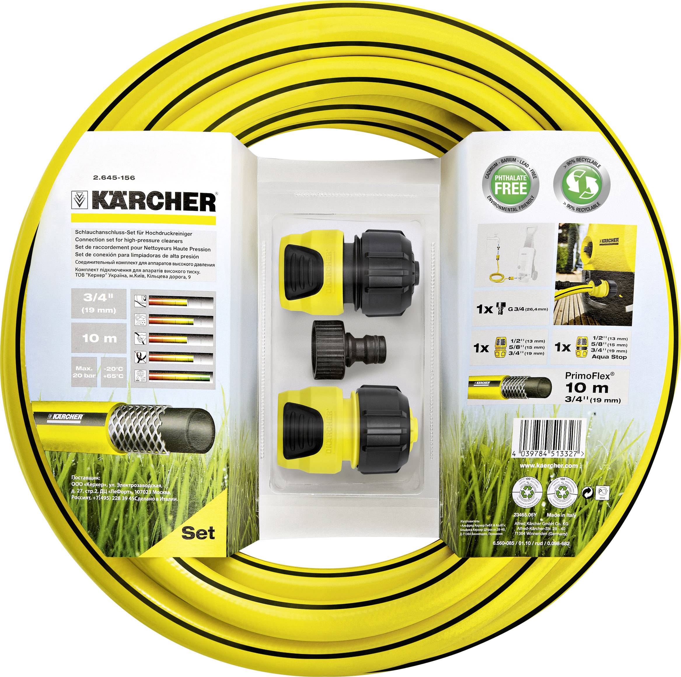 Gelber Gartenschlauch-Set von 'Kärcher', 10 m lang, mit Düsen und Anschlüssen, geeignet für verschiedene Bewässerungszwecke.