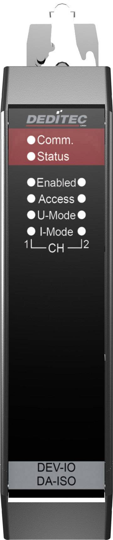 'DEDITEC DEV-IO DA-ISO' Gerät mit LED-Anzeigen für Kommunikation, Status, Aktiviert, Zugriff, U-Mode, I-Mode, Kanal 1 und 2.