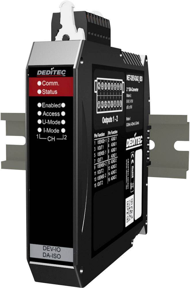 Ein schwarzes elektronisches Gerät von DEDITEC, zeigt rote 'Comm. Status'-Anzeige. Linksseitig sind mehrere Anschlussbuchsen sichtbar.