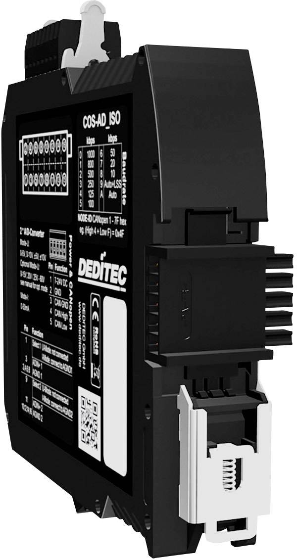 Schwarzes elektronisches Modul mit mehreren Anschlüssen und Beschriftungen. Markenlogo 'DEDITEC'. Verwendbar für industrielle Anwendungen.