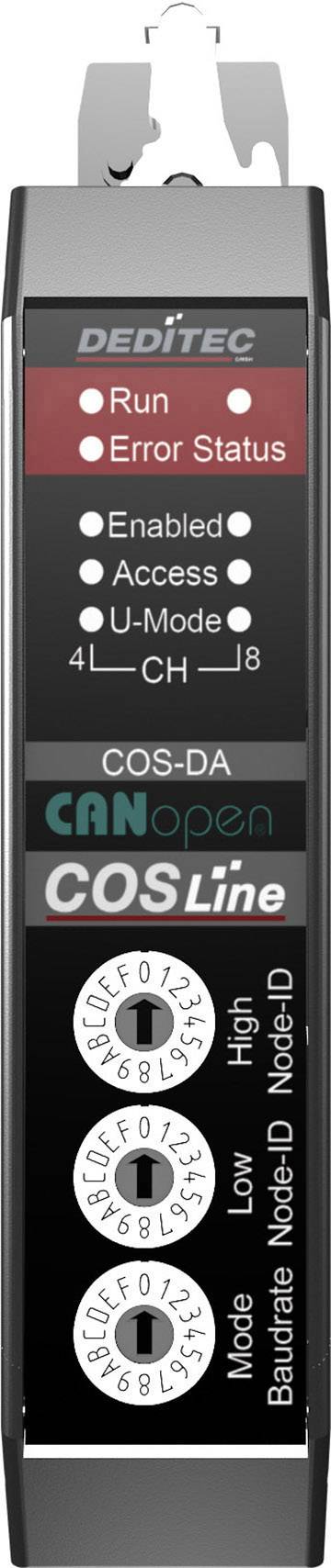 Das Bild zeigt ein elektronisches Gerät von DEDITEC mit LEDs für 'Run' und 'Error Status'. Es hat Drehschalter für 'Mode' und 'Node-ID'.