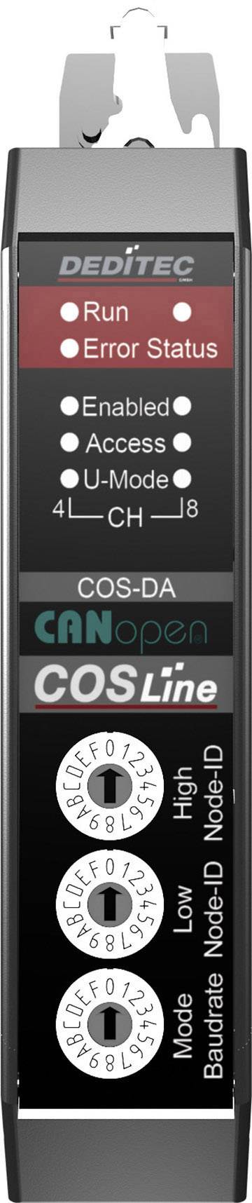 Elektrogerät mit LED-Anzeigen für 'Run', 'Error Status', 'Enabled' und weitere. Enthält Schalter für Adressen 0 bis 9 und Optionen Low/High.