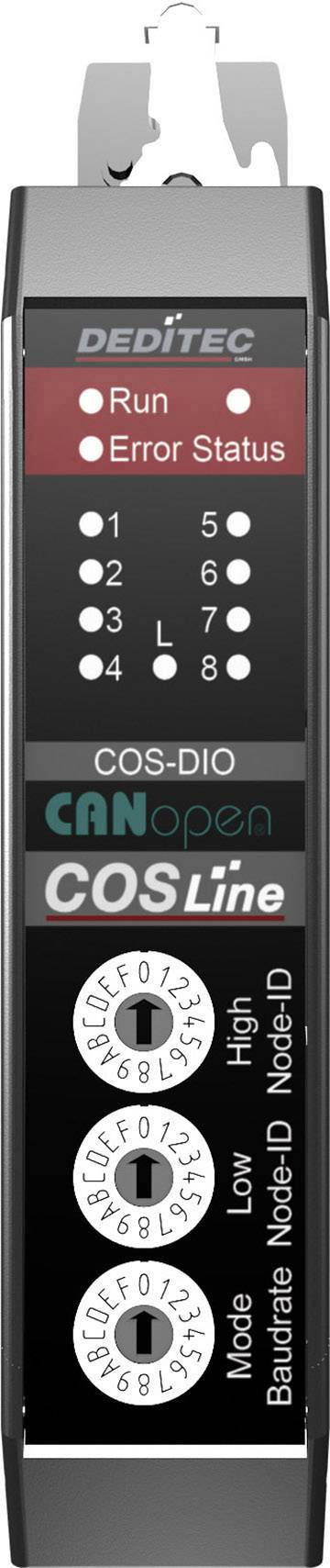 Steuereinheit mit LED-Anzeigen 'Run' und 'Error Status', acht nummerierte Anschlüsse. Beschriftet mit 'COS-DIO', 'CANopen', 'COSline'. Drei drehbare Schalter am unteren Teil.