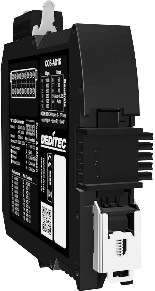 Ein schwarzes elektronisches Modul von Deditac mit Anschlüssen und technischen Spezifikationen aufgedruckt. Für Datenerfassung.