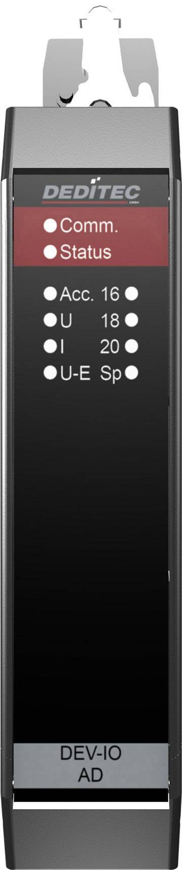 Schwarzes DEDITEC-Gerät mit roten und weißen Kontrollleuchten für 'Comm.' und 'Status'. Beschriftungen: 'Acc. 16', 'U 18', 'I 20', 'U-E Sp'.