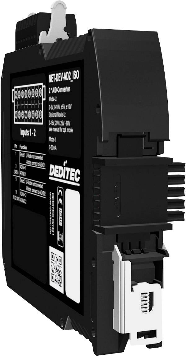 Ein schwarzer A/D-Umwandler mit mehreren Anschlüssen und technischem Etikett von der Seite gezeigt. Gerät zur Datenverarbeitung.