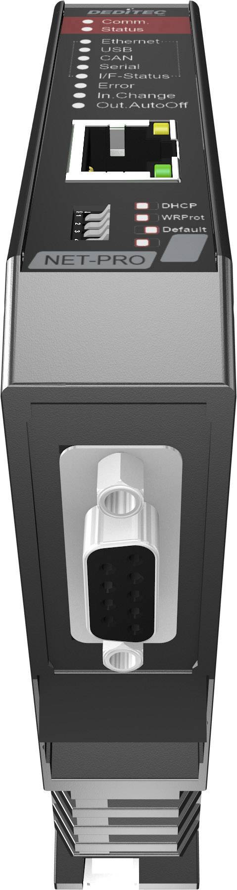'NET-PRO' Ethernet-Schnittstellengerät mit mehreren Status-LEDs und Anschlüssen. Zeigt Statusanzeigen für Verbindung und Aktivitäten.