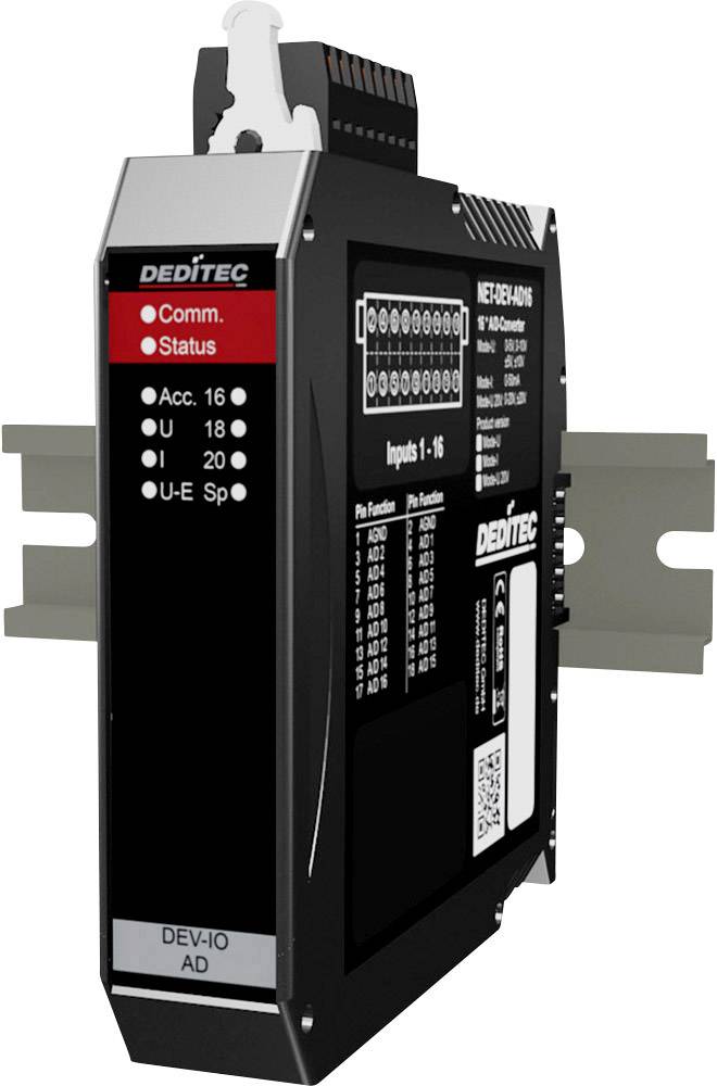 Industrielles Interface-Modul mit Statusanzeigen und Eingangsanschlüssen, montiert auf einer DIN-Schiene. Hauptsächlich für Kommunikations- und Steuerungszwecke verwendet.