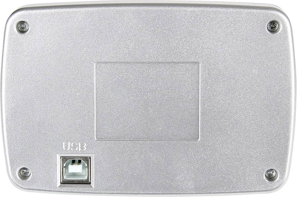 Metallische Rückseite eines Geräts mit USB-B Anschluss unten links, vier Schrauben an den Ecken.