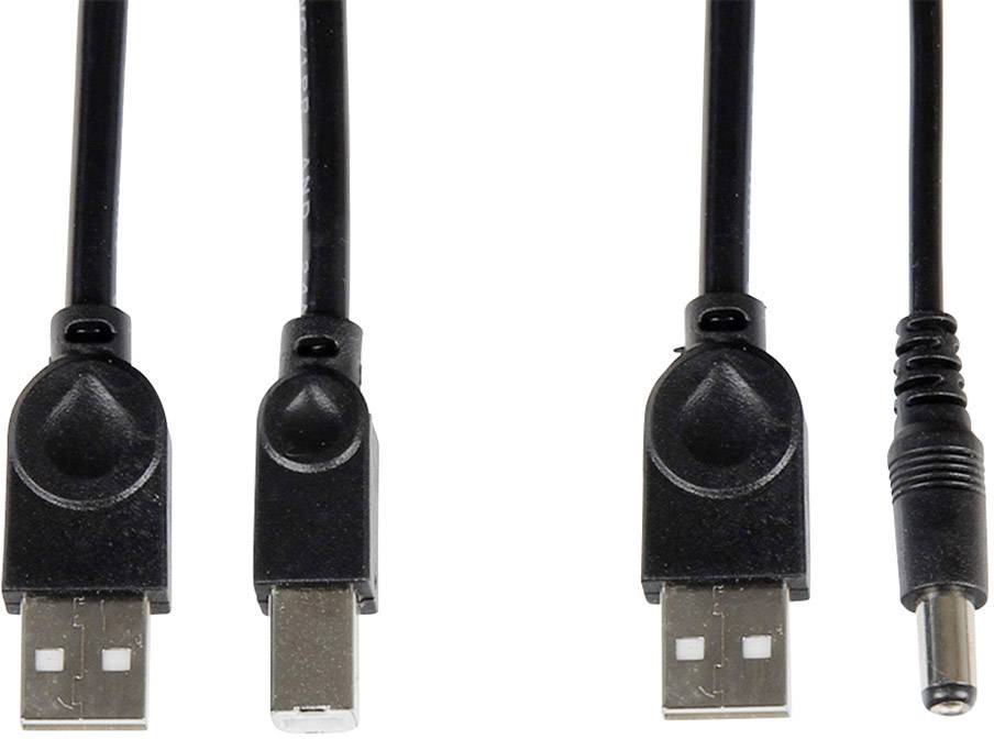Drei schwarze Kabel mit unterschiedlichen Steckern: zwei USB-Stecker und ein DC-Stecker, auf weißem Hintergrund angeordnet.