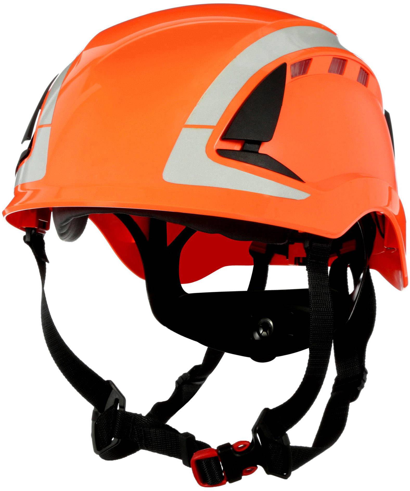 Ein orangefarbener Schutzhelm mit reflektierenden Streifen und verstellbarem Kinnriemen.
