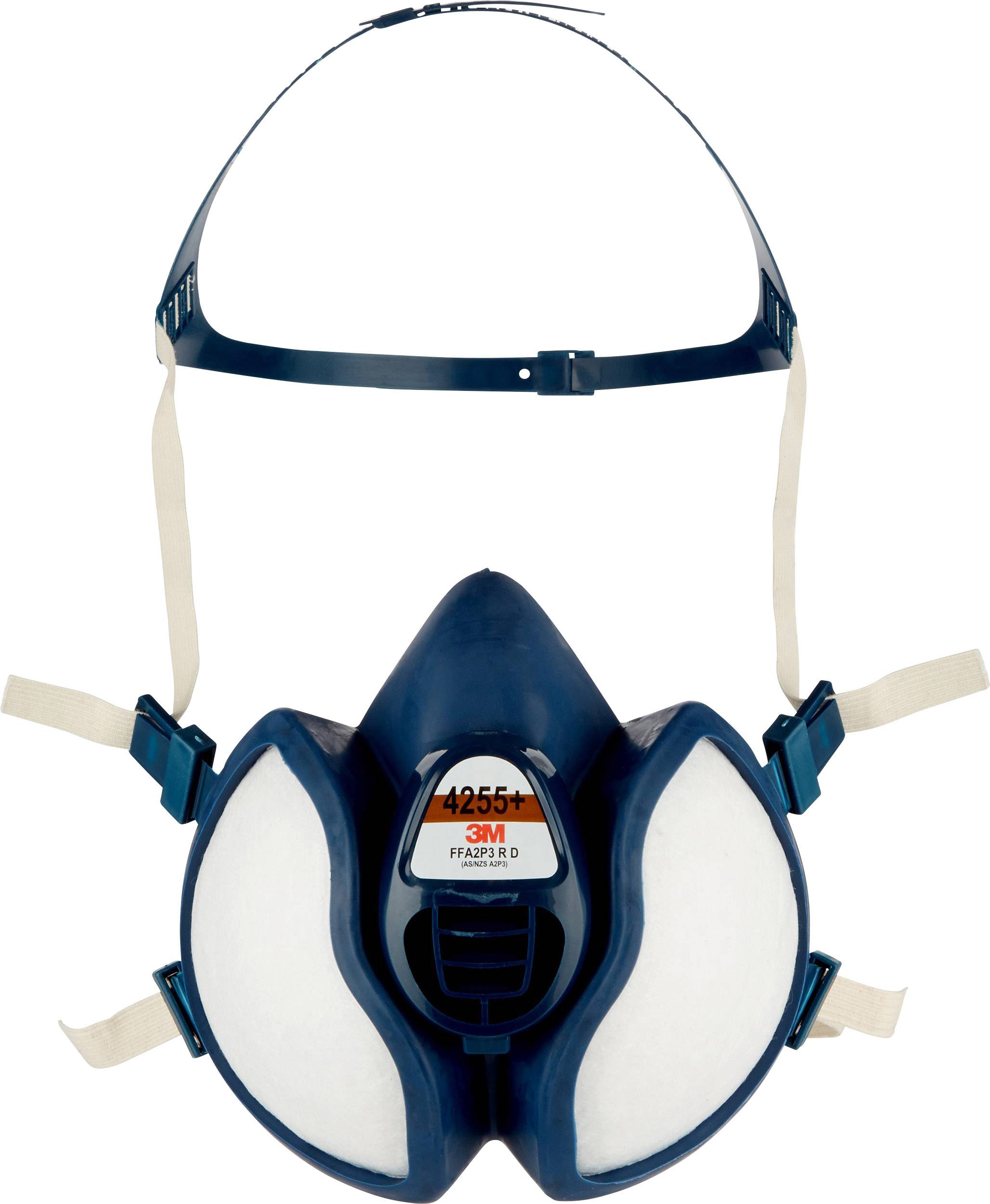Ein dunkelblauer Atemschutzmaske mit weißen Filterflächen. Sie hat verstellbare Riemen und ist für den Schutz vor Partikeln und Dämpfen konzipiert.