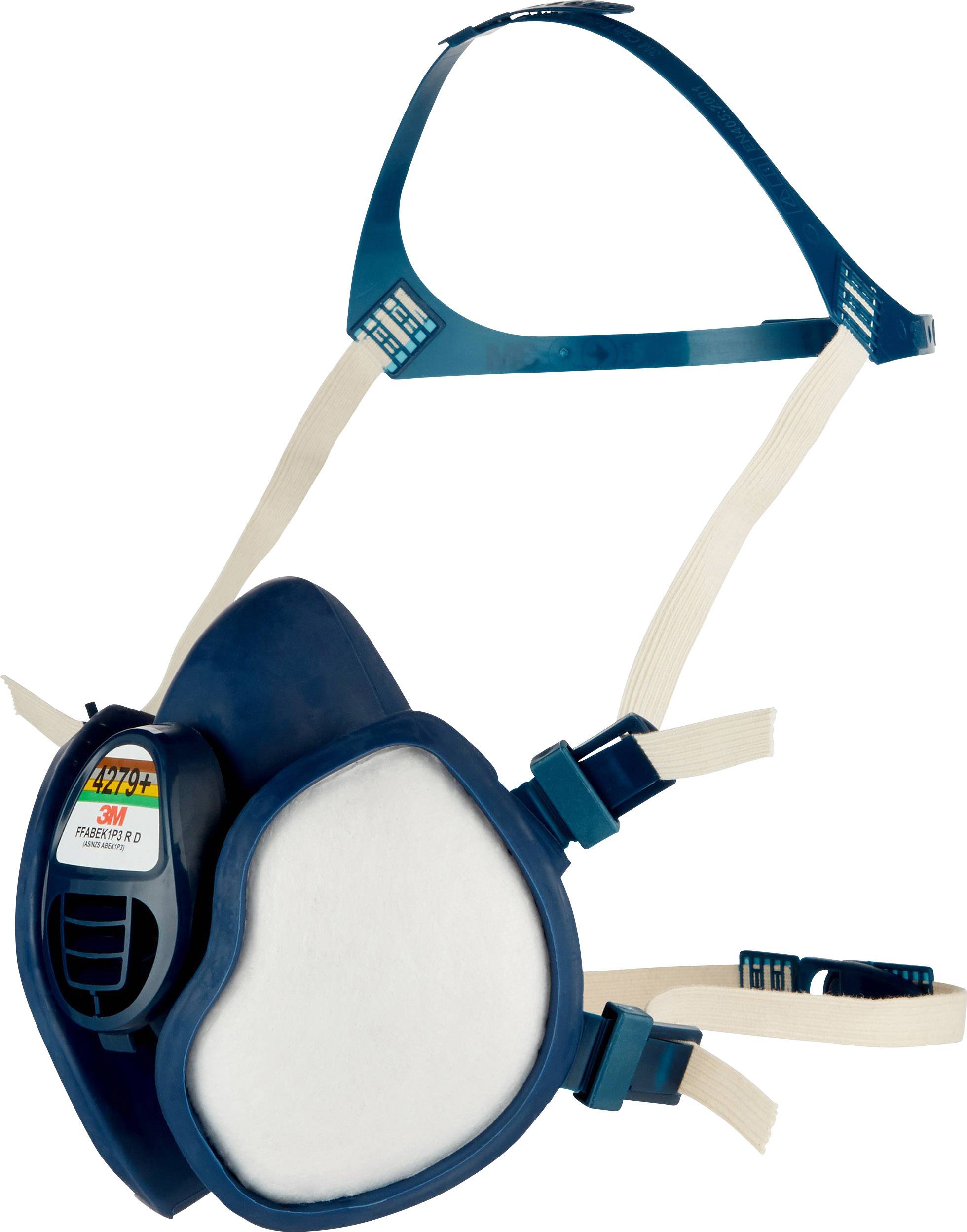 Atemschutzmaske mit blauem Rahmen und weißen Filtern, mit verstellbaren Bändern zur sicheren Befestigung am Kopf.