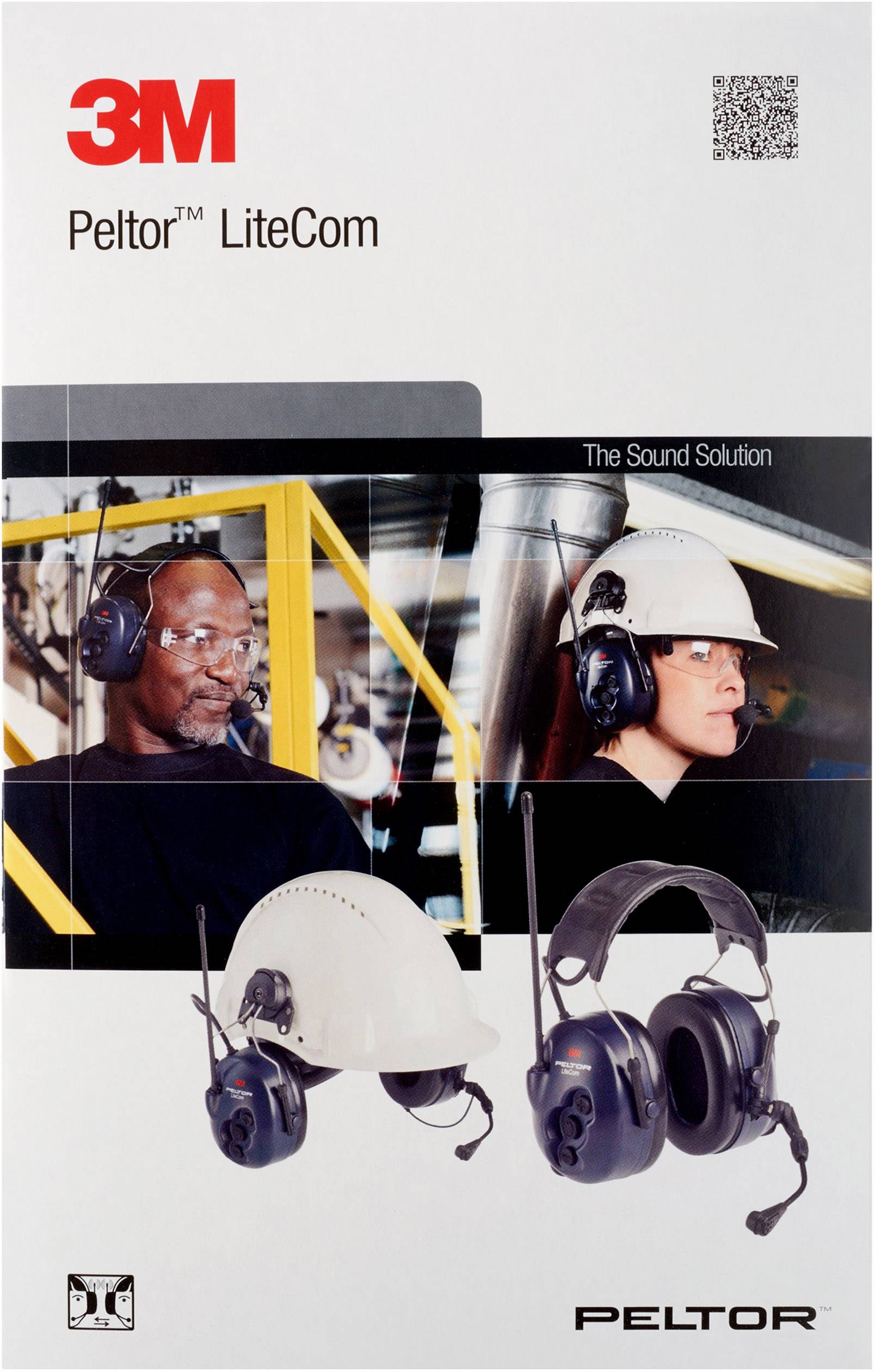 Das Bild zeigt eine Anzeige für 3M Peltor LiteCom Headsets. Zwei Personen tragen Schutzhelme mit Headsets in einer industriellen Umgebung.